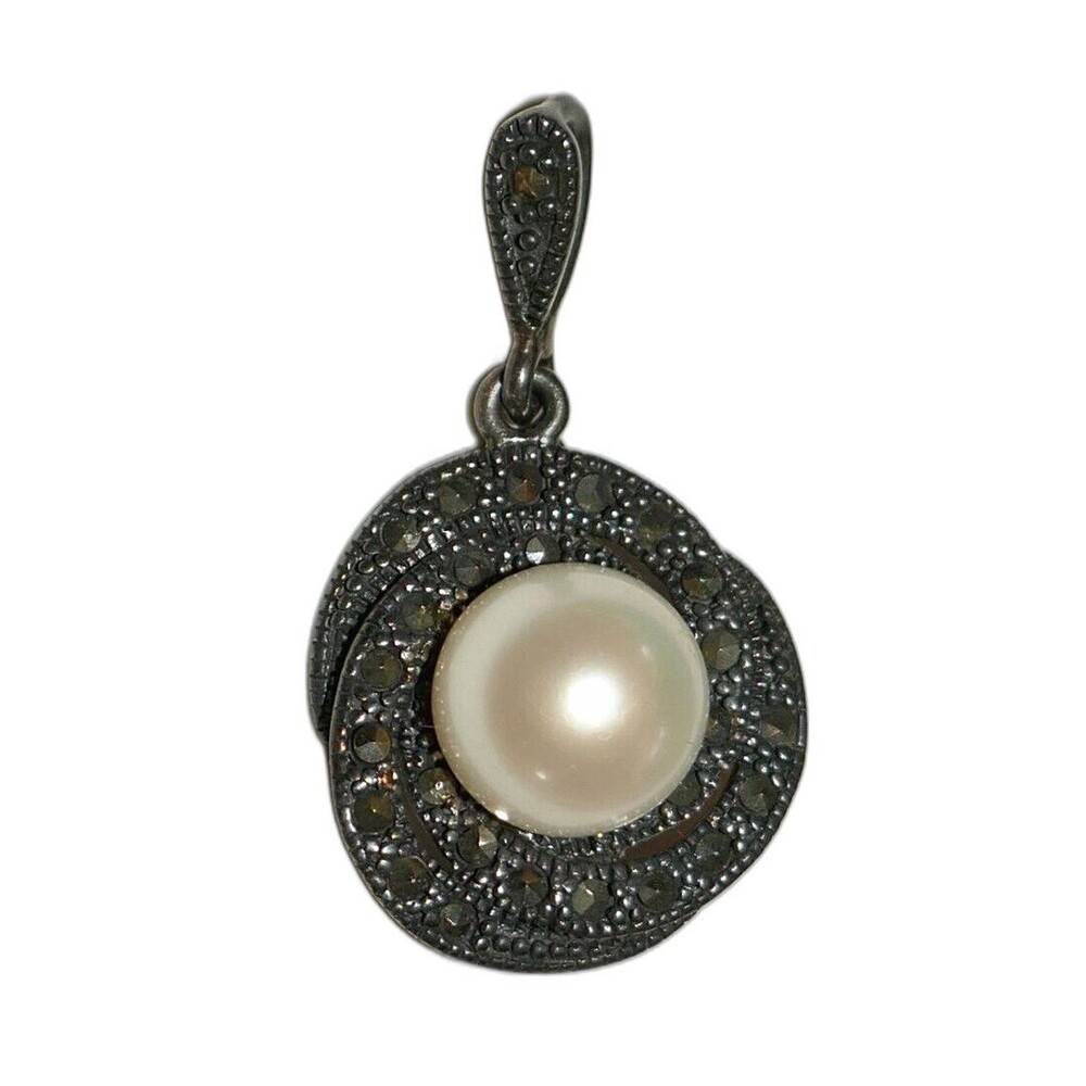 Chapal-Zenray NF 925 Sterling Silver Faux Pearl on Marcasite Swirl Charm Pendant